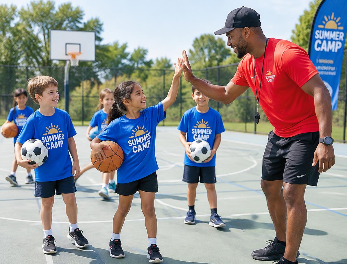 Coach high-fiving young campers on an outdoor court