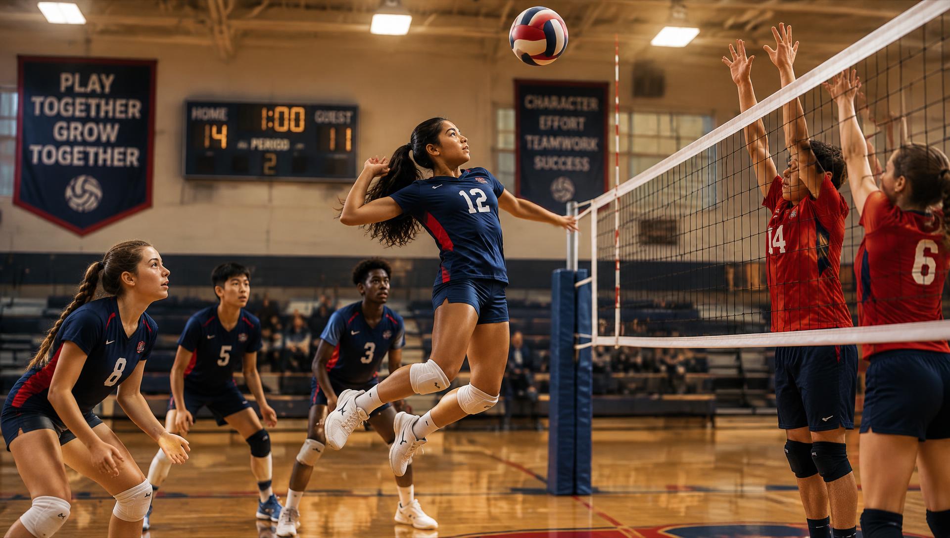 Youth volleyball players spiking at the net